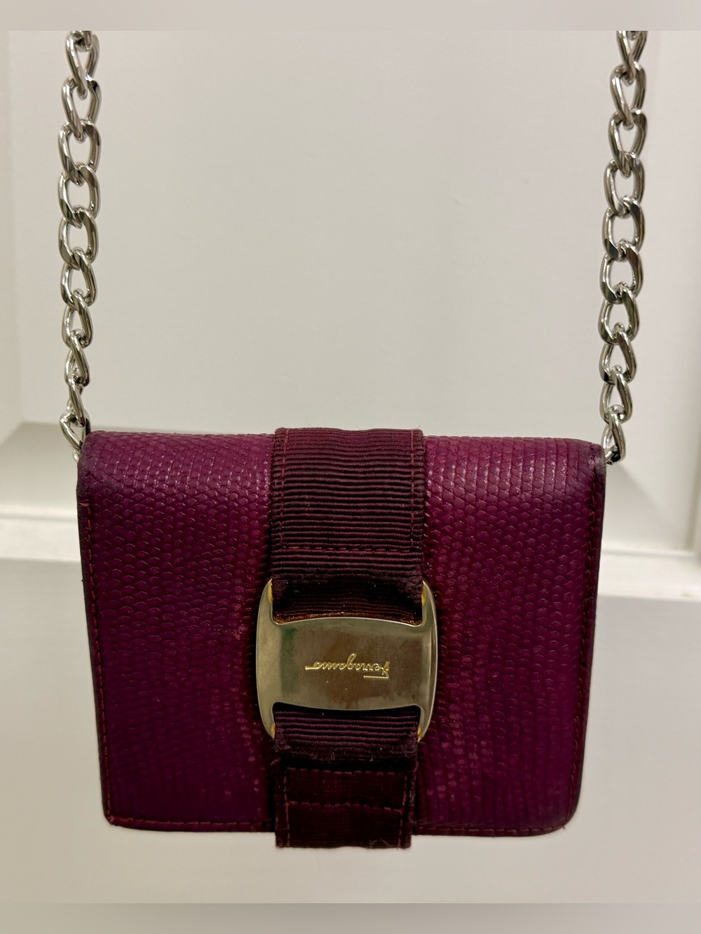 FERRAGAMO Vintage 90’s Y2K Vara Bow Purple Lizard Embossed Leather W/ Crossbody